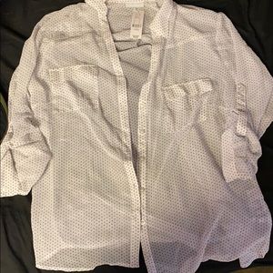 White with black polka dots sheer button down